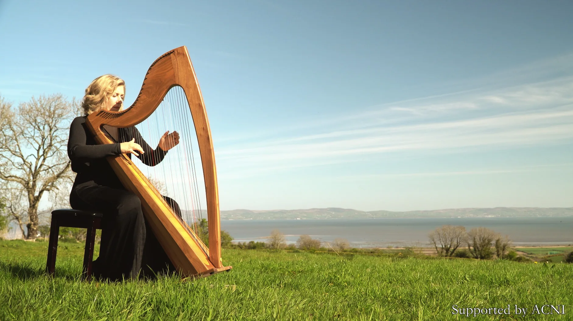 Lucia McGinnis seated at a Celtic harp